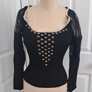 Lace Puff Sleeve Stretchy Top
